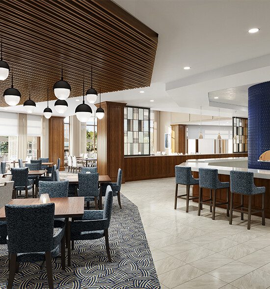 Modern, casual dining area at Oak Trace Senior Living Community